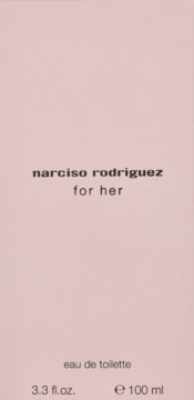 Jasnoróżowe opakowanie perfum Narciso Rodriguez For Her Eau de Toilette, widok z przodu, minimalistyczny czarny napis, 100 ml.
