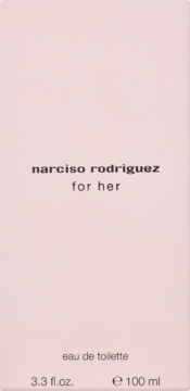 Narciso Rodriguez For Her eau de toilette, różowe pudełko 100 ml, widok z przodu, czarny napis.