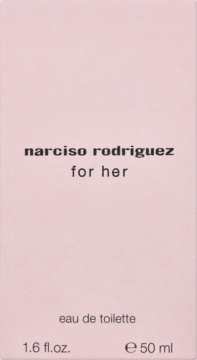 Różowe pudełko Narciso Rodriguez For Her eau de toilette 50 ml, z czarnymi napisami, widok z przodu.