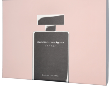Różowe pudełko zestawu Narciso Rodriguez All Of Me 'for her' z grafiką czarnego flakonu.
