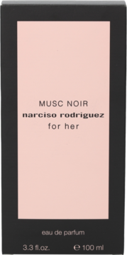 Front czarnego opakowania perfum Narciso Rodriguez Musc Noir For Her z różowym panelem.