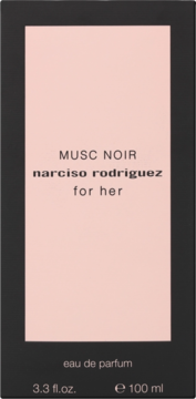 Czarno-różowe pudełko perfum Narciso Rodriguez Musc Noir For Her Eau de Parfum 100ml, widok z przodu.