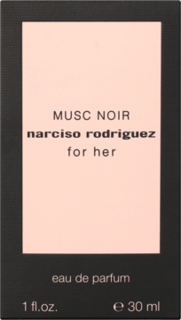 Czarne opakowanie perfum Narciso Rodriguez Musc Noir For Her, jasnoróżowa etykieta z napisami, widok z przodu.