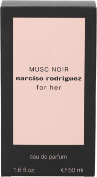 Narciso Rodriguez Musc Noir For Her eau de parfum, czarne pudełko z różowym prostokątem i białym napisem, widok z przodu.