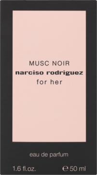 Prostokątne pudełko perfum Narciso Rodriguez Musc Noir For Her, czarna rama, jasnoróżowy panel, widok z przodu.