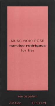 Narciso Rodriguez Musc Noir Rose woda perfumowana 100ml, czarne pudełko z różowym panelem, widok z przodu.