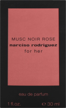Front czarnego pudełka perfum Narciso Rodriguez Musc Noir Rose For Her, różowy panel, biały tekst, 30 ml.