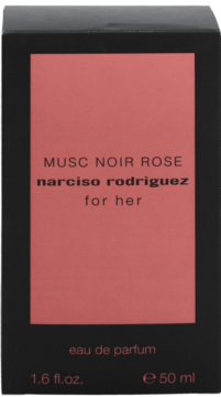 Pionowe pudełko perfum Musc Noir Rose Narciso Rodriguez For Her, czarne z różowym panelem.