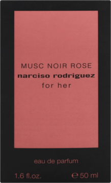 Frontowe opakowanie Narciso Rodriguez Musc Noir Rose For Her EDP. Czarne z centralnym różowo-czerwonym panelem i białym tekstem.