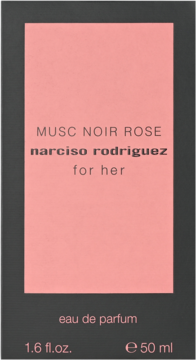 Opakowanie perfum Narciso Rodriguez Musc Noir Rose 50ml, damska woda perfumowana, różowe z czarnym obramowaniem, widok z przodu.