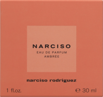 Opakowanie Narciso Eau de Parfum Ambrée 30 ml, brzoskwiniowo-pomarańczowe z ciemnym kwadratem, widok z przodu.