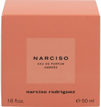 Koralowe pudełko perfum Narciso Eau de Parfum Ambrée 50 ml od Narciso Rodriguez, widok frontalny.