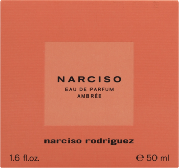 Front terakotowego pudełka perfum Narciso Eau de Parfum Ambrée, z jasnym kwadratem i napisem 50ml.