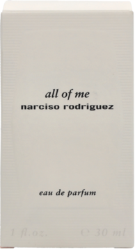 Białe, matowe pudełko perfum All Of Me Narciso Rodriguez eau de parfum 30 ml, z czarnymi napisami, widok z przodu.