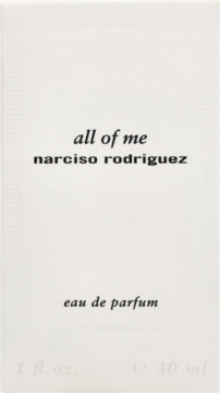 Biały, prostokątny kartonik Narciso Rodriguez All Of Me eau de parfum 30 ml z czarnymi napisami, widok z przodu.