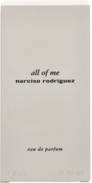 Pionowe pudełko perfum All Of Me Narciso Rodriguez, jasnoszare, z czarnym napisem. Widok z przodu.