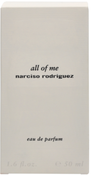 Jasnoszare pudełko wody perfumowanej Narciso Rodriguez All Of Me, 50 ml, z czarnym napisem, widok z przodu.