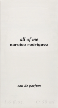 Białe opakowanie perfum All Of Me Narciso Rodriguez eau de parfum, z czarnymi napisami, widok z przodu.