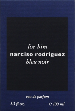 Granatowe opakowanie Narciso Rodriguez for Him Bleu Noir Eau de Parfum, z czarnym kwadratem i białymi napisami, widok z przodu.