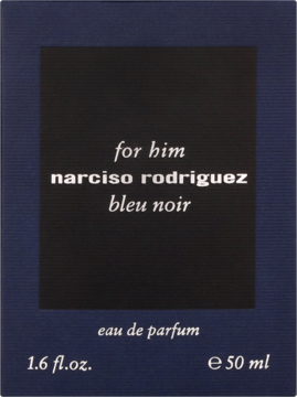 Opakowanie Narciso Rodriguez for Him Bleu Noir woda perfumowana 50ml, ciemnoniebieskie z czarnym kwadratem i białymi napisami.