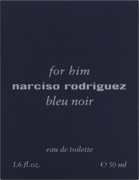 Ciemnoniebieskie opakowanie Narciso Rodriguez for Him Bleu Noir woda toaletowa, srebrne detale, widok z przodu.