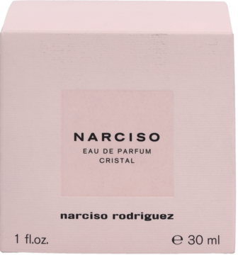 Jasnoróżowe, kwadratowe opakowanie wody perfumowanej Narciso Cristal 30 ml, widok z przodu.