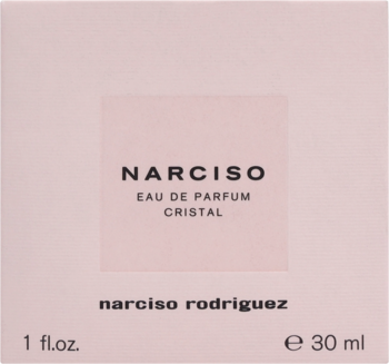 Jasnoróżowe, matowe pudełko perfum Narciso Rodriguez Cristal EDP 30 ml, widok z przodu z czarnymi napisami.