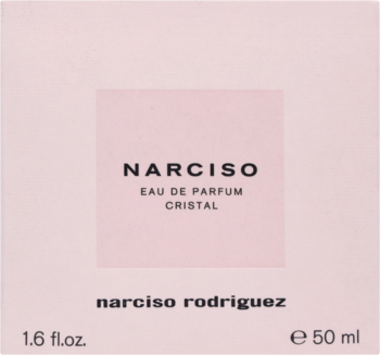 Jasnoróżowe pudełko Narciso Eau de Parfum Cristal 50ml, z ciemniejszym różowym kwadratem i czarnym tekstem, front.
