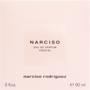 Jasnoróżowe pudełko Narciso Cristal Eau de Parfum 90ml, widok z przodu, z białymi napisami.
