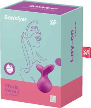 Satisfyer Viva la Vulva 3 - różowo-niebieskie pudełko wibratora, widok z przodu i boku z grafiką kobiety.