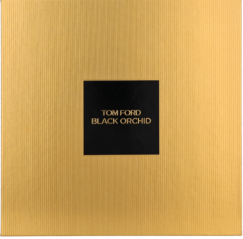 Ekskluzywne złote pudełko zestawu Tom Ford Black Orchid EDP z czarną etykietą, widok frontalny.