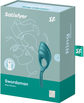 Satisfyer Swordsman Ring Vibrator w tealowym pudełku, widok z przodu, z widocznym tealowym, żebrowanym wibratorem.