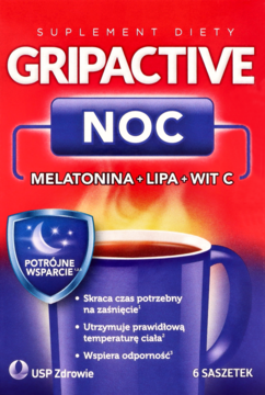 Gripactive Noc, suplement diety na sen i odporność, czerwone opakowanie z grafiką kubka i hasłem "Potrójne wsparcie".