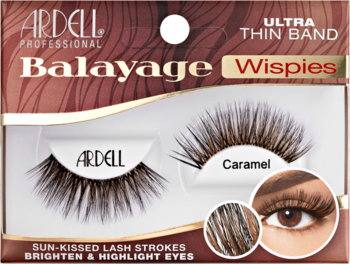 Ardell Balayage Wispies sztuczne rzęsy Caramel z ultra cienkim paskiem, w brązowym pudełku, widok z przodu.