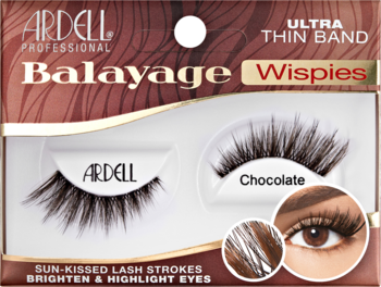 Ardell Balayage Wispies "Chocolate", ultra cienkie brązowe sztuczne rzęsy w opakowaniu, widok z przodu.