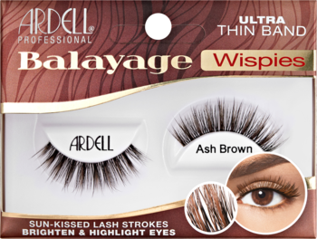 Opakowanie sztucznych rzęs Ardell Balayage Wispies Ash Brown z cienkim paskiem, dla efektu sun-kissed na oczach.