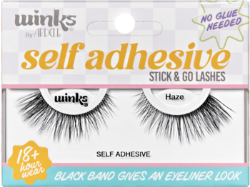 Ardell Winks Self Adhesive Haze rzęsy, białe opakowanie z różowym tłem, bez kleju, czarny pasek eyelinera, 18h.