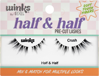 Ardell Winks Half&Half Crush pre-cut lashes w opakowaniu w biało-niebieską kratkę, z napisem Soft Touch Fibers.