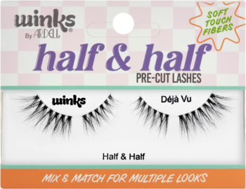 Rzęsy Ardell Winks Half & Half Déjà Vu, pre-cut, czarne, miękkie włókna, w różowym opakowaniu, widok z przodu.