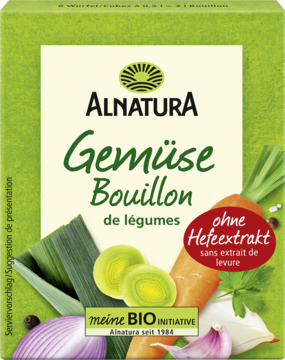 Alnatura vegetable bouillon carton, green-white, with leek, carrot, garlic; text 'ohne Hefeextrakt'.