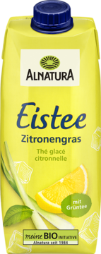 Żółty karton Alnatura Eistee Zitronengras z cytryną, trawą cytrynową i zieloną herbatą, widok z przodu.
