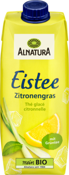 Alnatura Eistee Zitronengras z zieloną herbatą, żółty karton, widok z przodu, cytryna i trawa cytrynowa.