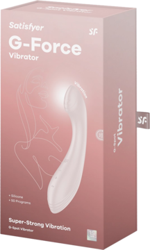 Różowe pudełko Satisfyer G-Force Vibrator, z grafiką białego silikonowego wibratora G-spot. Widok przód.