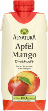 Sok Alnatura Apfel Mango Direktsaft w białym kartonie, przód z jabłkiem i mango.