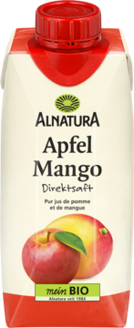 Sok Alnatura Apple Mango, biały karton z czerwonym wieczkiem. Etykieta z jabłkiem i mango, BIO. Widok z przodu, sok.
