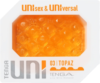 Opakowanie TENGA UNI 03 Topaz: przezroczysta, pomarańczowa nakładka z teksturowanymi bąbelkami, widok z przodu.