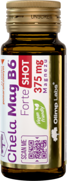Brązowa butelka Olimp Labs Chela Mag B6 Forte SHOT z etykietą, 375mg Magnezu, pomarańczowy smak, widok z przodu.