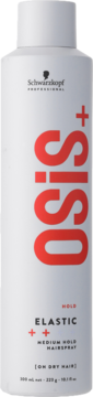 Biała butelka lakieru Schwarzkopf OSiS+ Elastic Hairspray medium hold, z czerwonym logo OSiS+, widok z przodu.