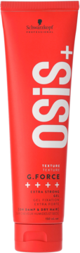Czerwona tubka żelu Schwarzkopf OSiS+ G.FORCE Extra Strong Gel 150ml, z pionowym napisem OSiS+ i białymi detalami.