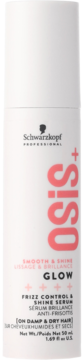 Schwarzkopf OSiS+ Glow serum wygładzające i nabłyszczające w białej butelce z różowym logo, widok z przodu.